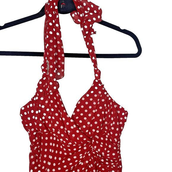 A Byer Halter Dress Red White Polka Dot Faux Wrap Lined Pinup Rockabilly Size 9 - Picture 9 of 13